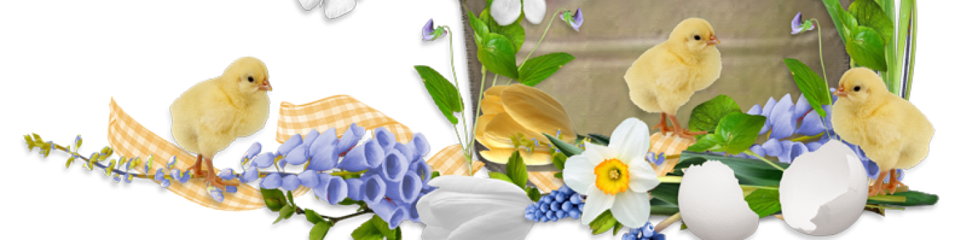 Grafika przedstawia zajączka wspinającego się na krawędź metalowego wiaderka, w którym też rosną wiosenne kwiaty. U podstawy wiaderka trzy żółte kurczęta, skorupki pustych jaj, fioletowe i białe wiosenne kwiaty.