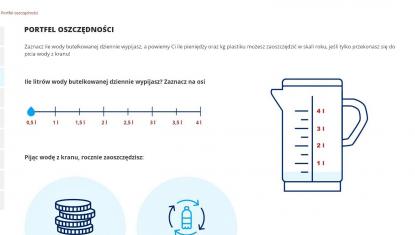 Obrazek pokazuje, że po przesunięciu kursorem niebieskiej kropelki można policzyć oszczędności, czyli ile zaoszczędzimy pijąc wodę z kranu zamiast kupować wodę butelkowaną, a także o ile mniej odpadów wyprodukujemy.