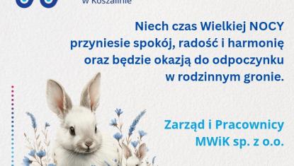 Logo spółki, treść życzeń od Zarządu i pracowników, u dołu kolorowe pisanki i kwiaty